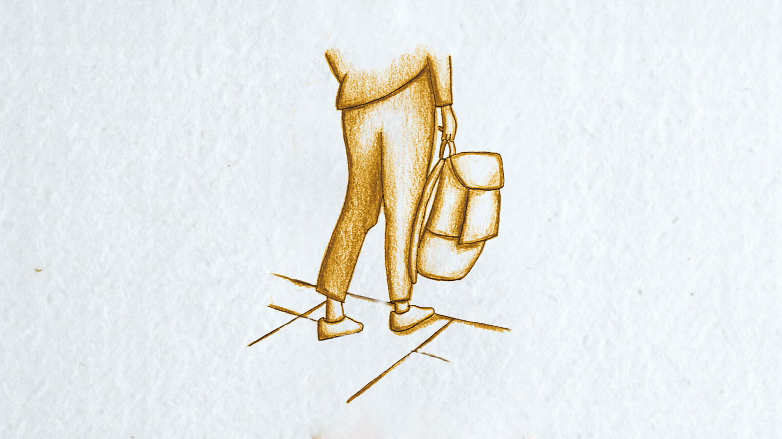 Skizzenzeichnung von Beinen mit einer Schultasche in der Hand tragend